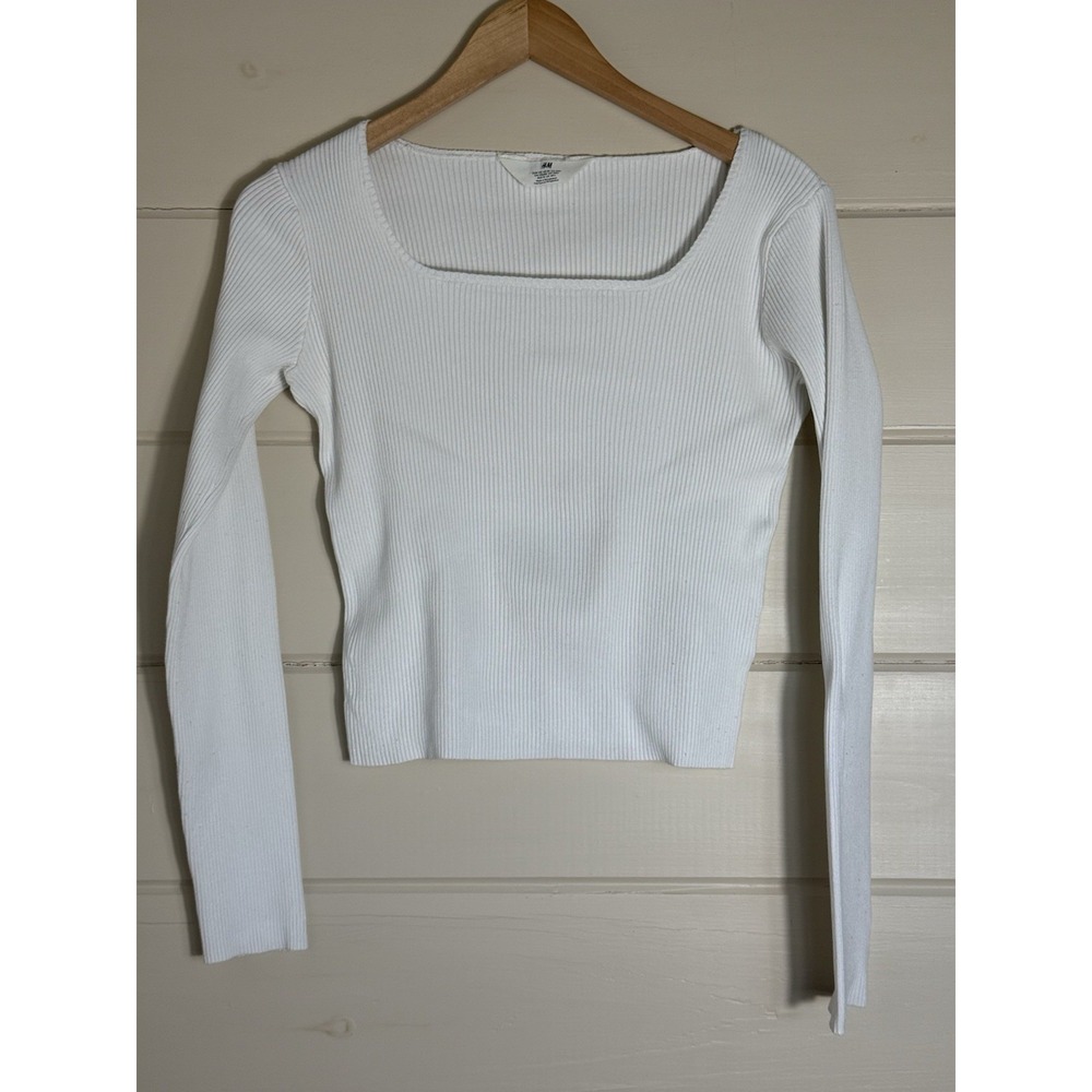 H&M Crop Top Long Sleeve Ribbed Square Neck White Knit Size M Coquette Neutral